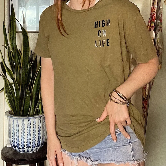 Vintage 1970s Upcycled Shirt  “high On Life” Art to wear top green black tunic - Picture 1 of 11